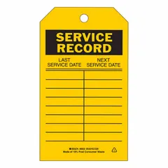 This polyester safety tag measures 4 inches wide by 7 inches tall and features a black/yellow design with English text. It is used for hazard communication and lockout/tagout applications in industrial environments such as factories, refineries, and power plants. The polyester construction resists moisture and chemicals for indoor/outdoor use.