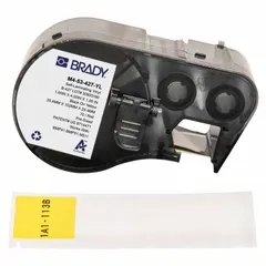 Yellow matte vinyl wraparound label for wire gauges 1 AWG to 500 kcmil. Measures 4 in x 1 in. Compatible with M410 printer series; requires R4300 ribbon. Used for identifying cables, conduits, and terminations in electrical and control panel applications.