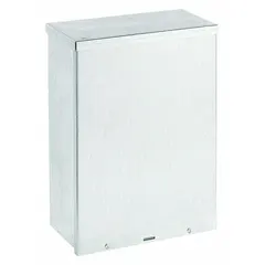 Galvanized steel enclosure with solid screw-on cover and padlock hasp. NEMA 3R rated for outdoor or indoor use where protection against rain and sleet is required. Measures 24 x 18 x 6 inches. Knockouts not included. Suitable for housing electrical controls, terminals, and instruments.