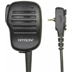 Speaker microphone with push-to-talk button, 2.5 mm jack, and 20-inch cord. Designed for use with Ritron PT Series two-way radios. Suitable for communication in industrial, security, and field operations.