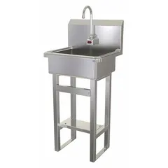 This one-station freestanding hand sink includes a faucet and is battery powered for flexible installation. The bowl measures 17 inches long and 7 inches deep, with a flow rate of 0.5 gpm. Suitable for commercial restrooms, healthcare facilities, and food service areas where touch-free handwashing is required.