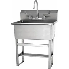 This one-station freestanding hand sink with faucet is constructed from 14 ga material. It features a 22 in bowl length and 10 1/2 in bowl depth, with a flow rate of 2 gpm. Side splash is not included. Suitable for commercial hand-washing applications.