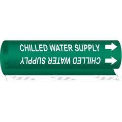 Wrap-around pipe marker for identifying chilled water supply lines. Green background with white legend and directional arrows. Fits pipe outer diameters from 1-1/2 to 2-3/8 inches. Single marker included.