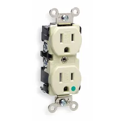 Specification grade duplex receptacle with 5-15R configuration, rated 125V AC, 15 A, 2 Pole / 3 Wire. Hospital grade construction for use in healthcare and other critical environments requiring reliable power connections. Ivory color.