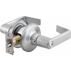 Privacy lever lockset for interior doors requiring locking from inside, such as bathrooms or bedrooms. Features a satin chromium-plated zinc finish, ADA-compliant lever design, and ANSI function F76B. No visual indicator or ligature resistance.