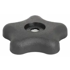 This Snap-Lock 5-Arm Knob features a 1.75 in diameter plastic body with steel thread insert, threaded 5/16"-18. It is used for manual clamping, positioning, and adjustment on industrial machinery, jigs, and fixtures, providing tool-free fastening in assembly and maintenance applications.