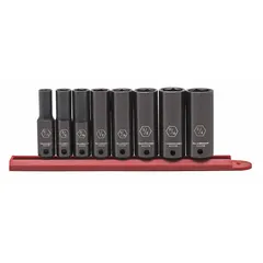This 3/8 in drive SAE impact socket set includes sockets ranging from 5/16 in to 3/4 in. The manganese phosphate finish provides corrosion resistance. A friction retention mechanism secures sockets on the anvil during high-torque applications. Suitable for fastening and loosening nuts and bolts in automotive repair, heavy equipment maintenance, and industrial assembly.
