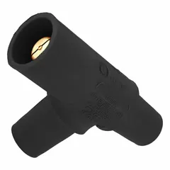 This LEVITON tapping tee features a Female-Male-Female gender configuration and is rated for 600V AC and 400 A. It is used in industrial power distribution systems to create a compact tap point for connecting branch circuits from a main power line.