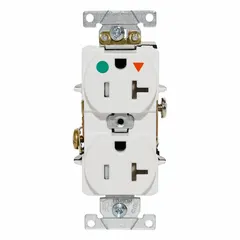 This Leviton duplex receptacle is rated 20 A at 125 V AC with a NEMA 5-20R configuration, 2-pole/3-wire grounding. It is hospital grade, meeting standards for extra mechanical strength and retention. Suitable for general-purpose power delivery in healthcare and other commercial settings.
