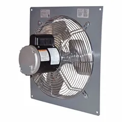 This direct-drive panel exhaust fan features a 24-inch galvanized steel blade driven by a 1/3 hp, 3-phase, totally enclosed motor. It delivers 5,520 cfm at 230/460V AC and includes intake guards. The powder-coated steel frame is suitable for general ventilation in industrial and commercial spaces requiring single-speed air removal.