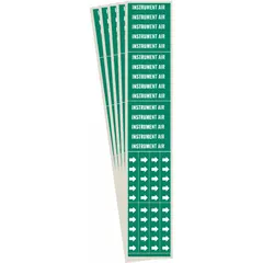 Green adhesive pipe markers with white legend text reading 'Instrument Air' and directional arrows. Each pack contains 5 markers, with 3 pipe markers per pack. Designed for pipes with an outside diameter of 3/4 inch and smaller. Used to identify pipes carrying instrument air in industrial facilities.