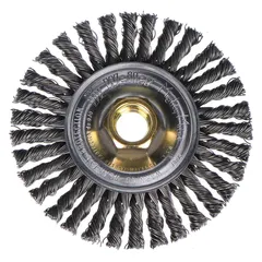 This WEILER weld-cleaning brush is designed for removing slag and spatter from carbon steel weld joints. With a 4" diameter, 3/16" width, M10 x 1.5 arbor, and 0.02" steel fill, it is suited for cleaning stringer beads in fabrication and metalworking applications.