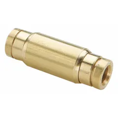 Brass push-to-connect union fitting with 1/4 in OD tube connections on both ends. Used to join two tubes in pneumatic systems, providing a secure, leak-free connection without tools. Suitable for air brake and general pneumatic circuits.