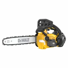 This 60 V battery-powered chainsaw features a top handle design and an auto chain oiler. It is suited for pruning, limbing, and light-to-medium tree cutting in outdoor maintenance and landscaping applications.