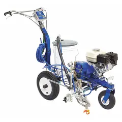 Gas-powered airless line striper designed for marking turf surfaces such as athletic fields and golf courses. Produces line widths from 2 to 12 inches, powered by a 4 hp engine. Suitable for applying paint to grass or synthetic turf.