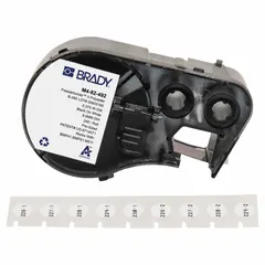 Thermal transfer precut label roll cartridge with 240 square cryogenic polyester labels, 3/8 in, black on white. Compatible with BMP53 printer series. Designed for labeling vials and tubes from 0.5 to 1.5 mL in laboratory and biobank sample identification applications.