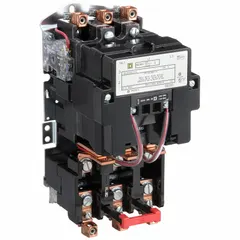 Non-reversing magnetic motor starter for three-phase motors. NEMA Size 3, rated 90 A, with 3 poles and a 110/120V AC coil. Screw clamp terminals for wiring. Requires three melting alloy thermal units (not included). No operator, pilot light, or auxiliary contacts. Suitable for starting and stopping motors in industrial applications such as conveyors, pumps, and compressors.