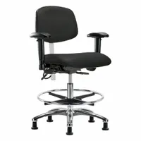 This cleanroom task chair is designed for ISO 5 environments and features a vinyl upholstery that resists particle shedding. It includes arms, an adjustable height range of 21 1/2 in to 29 in, and a 19 in seat width. The chair is ESD-safe with an aluminum base and foot support, and offers back tilt of 10.5° forward and 13.5° backward