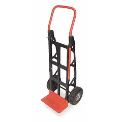 This corrosion-resistant hand truck features a flow-back frame constructed of black nylon polymer with pneumatic tires. It is suited for moving heavy loads in industrial, warehouse, and commercial settings, providing stability and shock absorption on uneven surfaces.