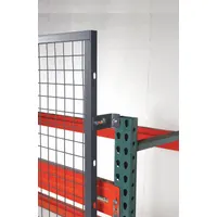 This steel mounting clip is used to secure welded-frame wire mesh back and side guards in industrial aisles. It measures 2 in x 2 in x 2 in, is made of 10 ga steel with a powder-coated gray finish, and includes mounting hardware