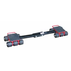 Fixed machine roller with a 7 in L x 7 in W platform and 4 1/4 in deck height. Features (12) rollers and a rubber-padded surface in red finish. Used for moving heavy machinery in industrial plant relocations, equipment installation, and maintenance tasks requiring stable load transport.