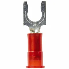 Nylon insulated fork terminal with locking fork design for secure connections on #10 studs. Accepts 22 to 18 AWG wire, rated 600 V. Insulation grip barrel provides strain relief. Suitable for power distribution and control wiring in industrial equipment.
