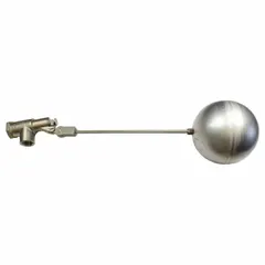 General service float valve assembly for automatic water level control in tanks, reservoirs, and process vessels. Features an angle valve body with adjustable arm, horizontal piping mounting, and 1/2" FNPT inlet and outlet connections. Includes float and rod with 1/4"-20 thread. Flow rate 58 gpm at 85 psi.