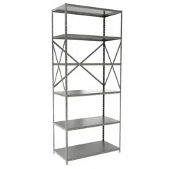 This heavy-duty standalone open metal shelving unit is constructed of steel with a gray finish. It measures 36 inches wide by 18 inches deep with an overall height of 84 inches and includes six shelves. The open design provides visibility and airflow, suitable for industrial storage in warehouses, factories, and distribution centers. Supplied unassembled.