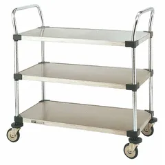 This NSF-compliant utility cart from METRO features a 30-inch long by 18-inch wide shelf and overall dimensions of 32 inches long by 18 inches wide by 38 inches high. It is equipped with four swivel casters with rubber treads for maneuverability. Suitable for transporting supplies in commercial kitchens, hospitals, and laboratories where sanitation is critical.