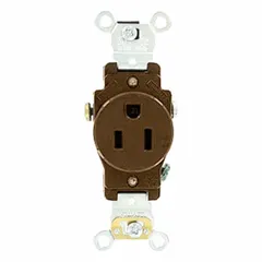 General purpose receptacle rated 125V AC, 15A, NEMA 5-15 configuration with 2-pole/3-wire grounding. Brown finish. Suitable for branch-circuit wiring in commercial and industrial settings to power standard 125V equipment.