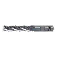 Cobalt roughing end mill with 3-flute geometry, 1/2" mill diameter, 1-1/4" length of cut, and 3-1/4" overall length. Designed for aggressive material removal in nonferrous materials such as aluminum, brass, and plastics. Suitable for high-speed machining in industrial milling applications