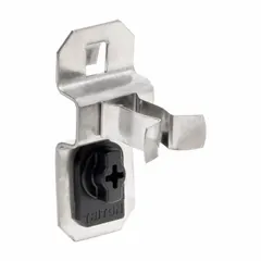 Stainless steel spring clip toolholder with brushed silver finish for square-hole pegboard. Features three hooks with 7/8 in depth and ABS retainers to secure bits. Surface mount type. Used for organizing bits in workshop or storage areas.