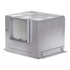 This inline cabinet fan is designed for rectangular duct systems, providing ventilation for commercial or industrial spaces. It operates on 115V AC single-phase power with variable speeds and offers horizontal or vertical discharge direction. The fan features an 8 in x 8 in square duct and a 160 W motor.