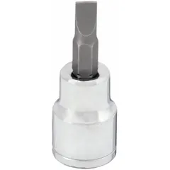 This slotted bit socket features a 3/8 in drive size and a 6 mm metric slotted tip for driving fasteners with a straight slot. With a fixed insert design and an overall length of 1 3/4 in, it is suitable for use in automotive repair, machinery assembly, and general maintenance tasks.