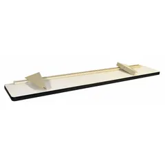This cantilever shelf is designed for workbenches, providing additional storage for tools and parts. It is constructed from steel with a laminate surface in a beige finish. The shelf measures 60 inches wide by 12 inches deep with a thickness of 1 1/4 inches. Mounting hardware is included for installation.