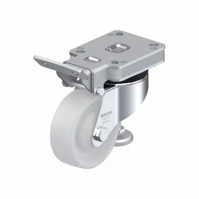 BLICKLE Plate Caster: Nylon Tread, Steel, 100 mm Wheel Dia, 142 mm Mounting Ht - Quick-Engage Pedal-Style Leveling Plate Casters