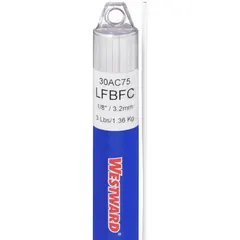 Low-fuming bronze brazing alloy (RBCuZn-C) supplied as flux-coated rods, 1/8 in x 36 in, in a 20-pack. Tensile strength of 71 ksi and yield strength of 64 ksi. Used for torch brazing of steel, copper, and brass in general fabrication and repair.
