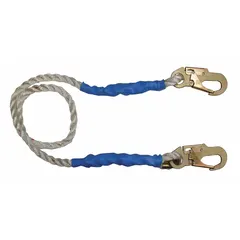 This 6 ft positioning and restraint lanyard has a 310 lb capacity and is equipped with steel snap hooks. It is non-adjustable and white in color. Used for fall restraint and positioning in industrial work environments, it secures workers at height for hands-free operation.