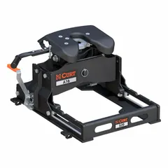 This CURT fifth wheel hitch is a removable model with a 16,000 lb gross trailer weight capacity. It features an adjustable height range from 17-1/2 in to 21-1/2 in and a single hook jaw locking mechanism. Constructed from carbon steel with a powder-coated finish, it is designed for coupling to fifth-wheel kingpins on heavy trailers.