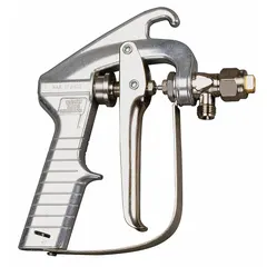 This spray applicator gun is designed for controlled dispensing of adhesives in industrial bonding tasks. It features a spray tip, hose, and aluminum construction. Suitable for use in assembly, fabrication, and maintenance operations requiring precise adhesive application.
