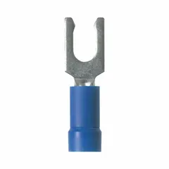 Blue vinyl-insulated locking fork terminal from the EV14 series. Accepts 18 AWG to 14 AWG wire, fits #8 stud size, and features a funnel-entry barrel for easier wire insertion. Rated for 600 V. Used for secure wire connections in control panels and electrical distribution systems.