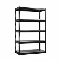 Medium-duty boltless shelving unit with solid steel decking. Features five shelves, open side panel, and angle beam profile. Powder-coated black finish. Maximum post load capacity of 3,500 lb with beams evenly spaced at 42 in. Suitable for industrial storage of parts, tools, and boxes in warehouses and workshops.