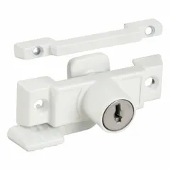 This non-handed window sash lock is designed for use with double-hung windows. It mounts on the sash and includes a handle for operation. The lock features a white enamel-coated finish and has an overall length of 1 3/32 inches. Suitable for securing windows in residential and light commercial applications.
