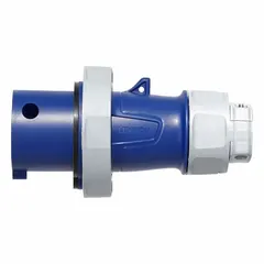 Washdown-rated pin and sleeve plug for industrial environments requiring water-resistant connections. Rated 250V AC, 20A, three-phase, 3-pole, 4-wire with IEC grounding. Suitable for applications where equipment is exposed to high-pressure washdowns.