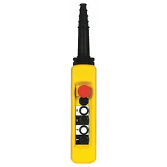 Plastic-enclosed pendant control station with four momentary push buttons and one maintained mushroom-head push button labeled Emergency Stop. Features 4NO/1NC contacts, dead-end hub, and integral strain relief. Rated AC 3A at 250V, DC 0.27A at 250V. Suitable for remote operation of industrial machinery such as cranes, hoists, and conveyors.