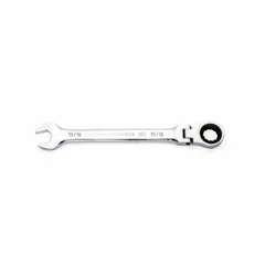 Alloy steel wrench with full polish chrome finish. Features a 12-point ratcheting box end for fastener engagement without repositioning. Used in automotive, industrial, and mechanical applications.