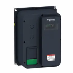 The SCHNEIDER Altivar ATV320U04M2W is a compact variable frequency drive with single-phase output, rated at 11/20 hp. It features a black/green enclosure and no bypass. This drive is used for speed control of single-phase motors in applications such as conveyors, pumps, and fans.