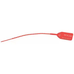 Red polypropylene pull-tight locking seal, 10 inches in length, supplied in packs of 100. Designed for tamper-evident closure of evidence bags, pouches, and containers in applications requiring secure sealing and chain of custody.