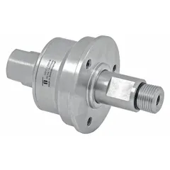 This straight rotary union is constructed of plain 304 stainless steel with a single passage and a 3/8 in rotating shaft. Designed for air service, it features a carbide seal and supports speeds up to 2000 RPM. Commonly used to transfer air from a stationary supply to rotating machinery in industrial equipment.