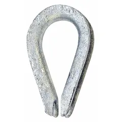 Steel wire rope thimble with galvanized finish, designed for 3/8 inch compatible rope diameter. Protects the eye of a wire rope loop from abrasion and crushing in rigging, lifting, and towing applications.